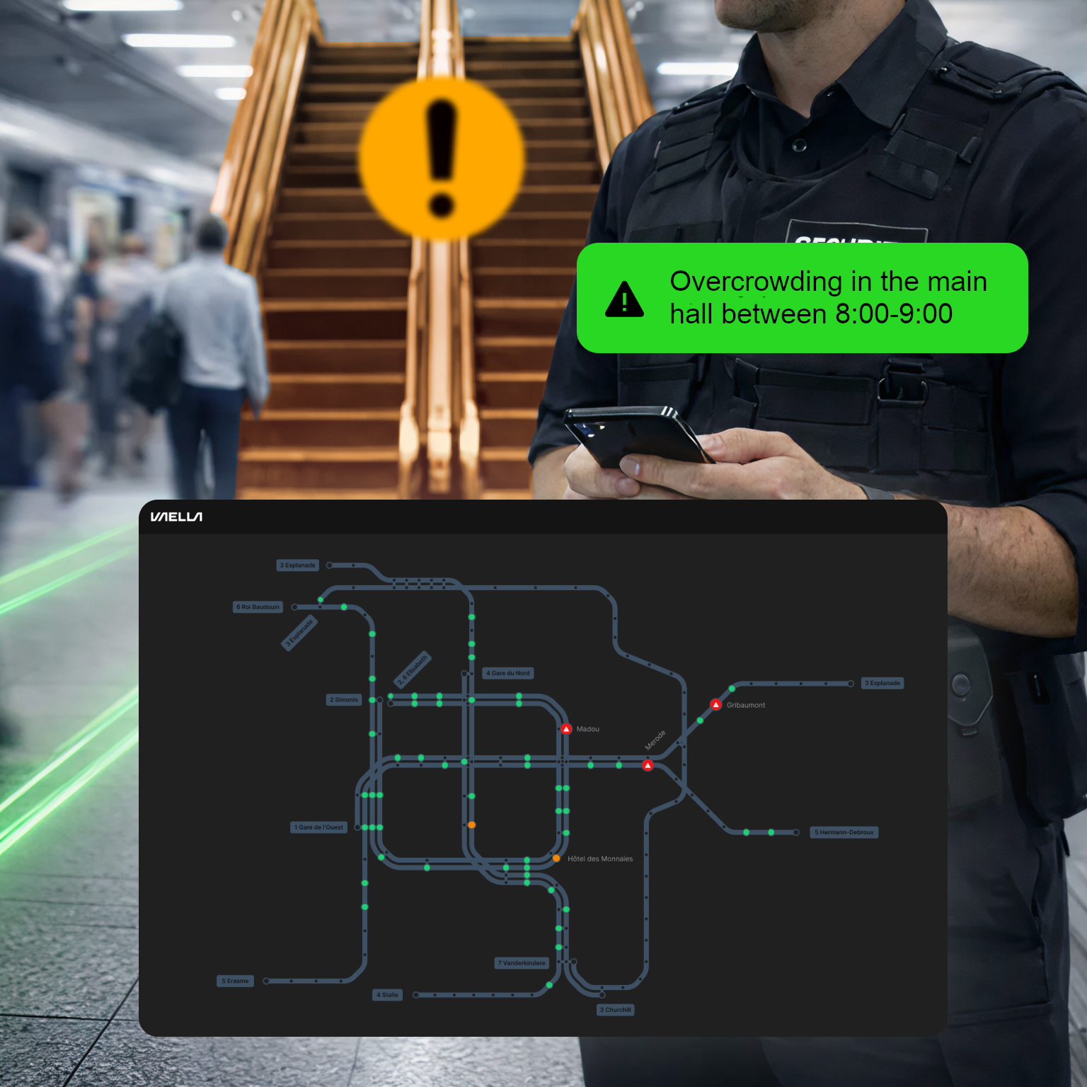Metro station with VAELLA simulation showing passenger flow and what-if scenarios